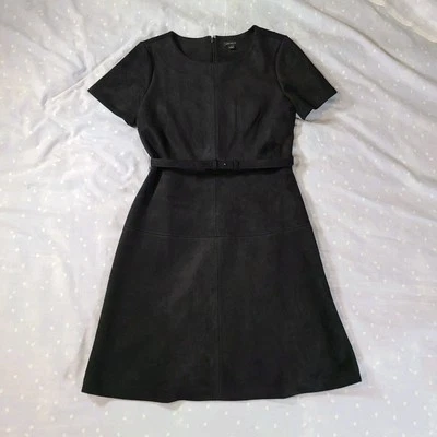 ANN TAYLOR Faux Suede Sheath Dress Sz 6 Black Short Sleeve Lined Belted - Image 1 of 4