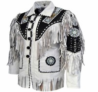 White Fringe Leather Jacket Mens Traditional Leather Western Wear Brown Suede Leather 