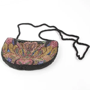 STRIKING BLACK MULTI COLOR FLORAL PAISLEY BEADED CRESCENT POUCH EVENING HANDBAG - Picture 1 of 6