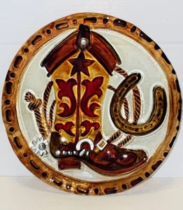 Vintage~Western Cowboy Boot Horseshoe Fused Glass Plate 8” Raised Design Amber - Picture 1 of 4