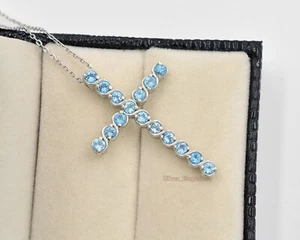 Collar Colgante Cruz Santa Plata de Ley 925 Aguamarina Calidad AAA Natural - Imagen 1 de 7