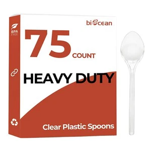 75 Count Disposable Plastic Spoons Clear Spoons Heavy Duty Silverware Reusable P - Picture 1 of 6