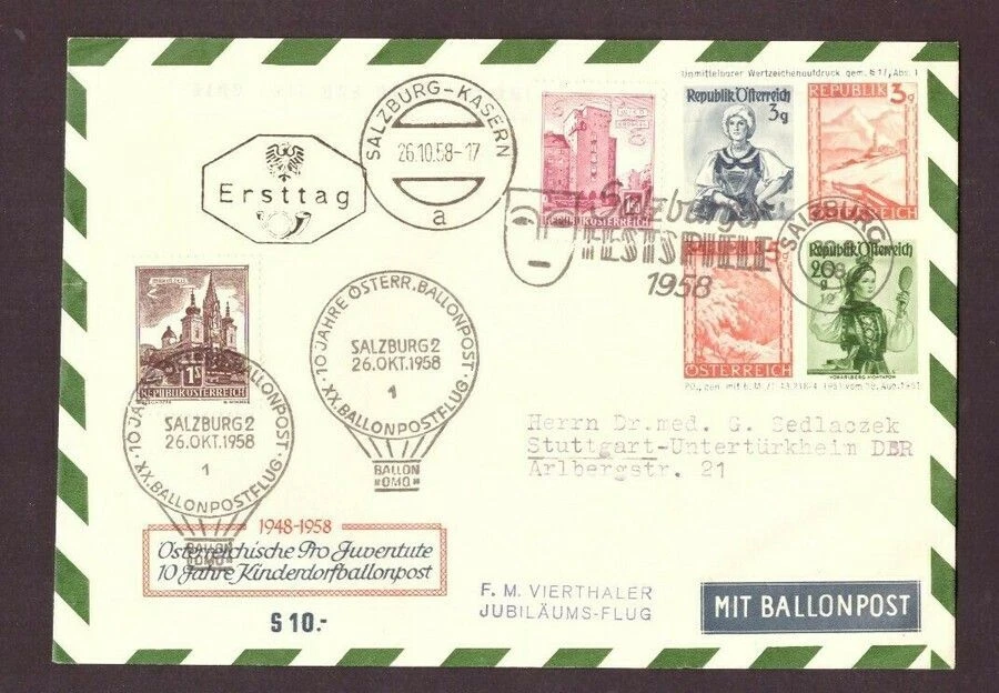 Österreich Ballonpost 1958 Salzburg nach Stuttgart - Bild 1 von 1