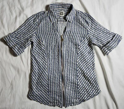 Anne Klein 蓝色女式条纹拉链小号半袖衬衫 — 第 1/4 张图片