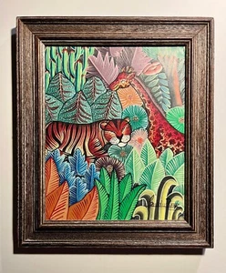RARE Vintage Jungle Oil on Canvas Painting by Haitian Artist LAUREUS PIERRE - Picture 1 of 8