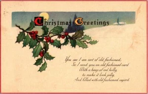 Vintage Christmas Greetings Postcard With Holly & Christmas Poem - Picture 1 of 1