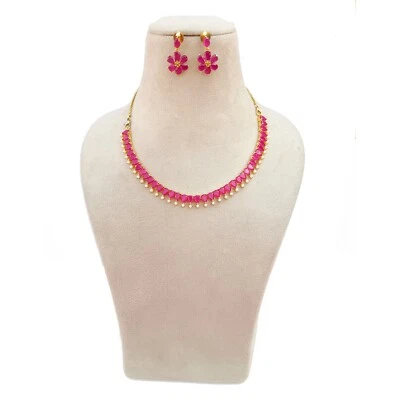 Bridal Wedding Party Wear Gold Plated Ruby Stone Choker Necklace stud Earring - Image 1 of 4