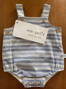 Mon Petit (Spain) NWT Blue/White Stripe Fully Lined Bubble Romper - 3-6 Mos - Picture 1 of 6