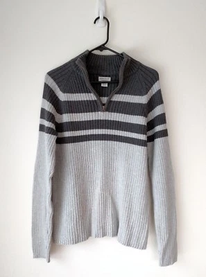 Guess Jeans Authentic Mens Ribbed Sweater Size M Light/Dark Gray 1/2 Zip Stripe - Image 1 of 4