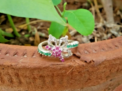 Rubin Mit Smaragd Cocktail Ring, 925 Silber Scheibe Diamant Schöne Blume Ring - Bild 1 von 4