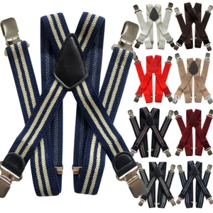 Mens 40mm Wide High Elastic Suspenders Leather Braces Trousers Solid Color Strip - Picture 1 of 17
