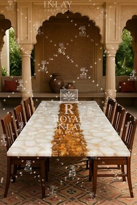 White Agate & Petrified Wood Table | Handmade Gemstone Dining Table - Image 1 of 4