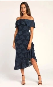 Lulus Pretty Perfect Navy Floral Burnout Off-The-Shoulder Midi Dress Medium Neu - Bild 1 von 6