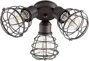3‑Light Oiled Bronze Damp-Rated Cage LED Light Kit | Industrial Patio/Porch Ceil - Picture 1 of 3