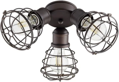 3‑Light Oiled Bronze Damp-Rated Cage LED Light Kit | Industrial Patio/Porch Ceil - Image 1 of 3