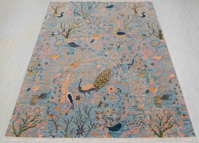 Alfombra 8x10 Pájaros Azules Pavo Real Jardín Escena Hecha a Mano Fina Calidad TAMAÑO PERSONALIZADO Foto 1 de 4