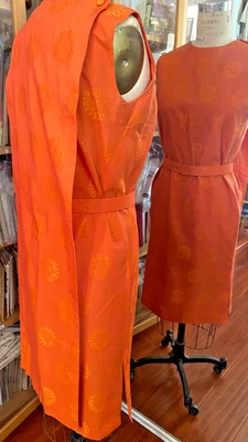 Vintage 50’s 60's Sydney Honolulu Hawaiian Dress Orange Back Drape + Belt Silk M - Image 1 of 4