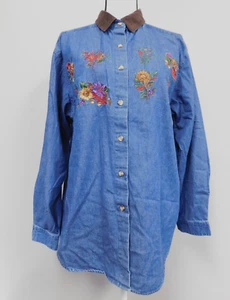 Studio Collection Womens Denim Blouse brown corduroy Collar & embroidery Large - Picture 1 of 8