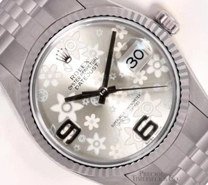 Rolex Mens 36mm Datejust SS 18k Fluted Bezel Silver Floral Motif Dial - Picture 1 of 6