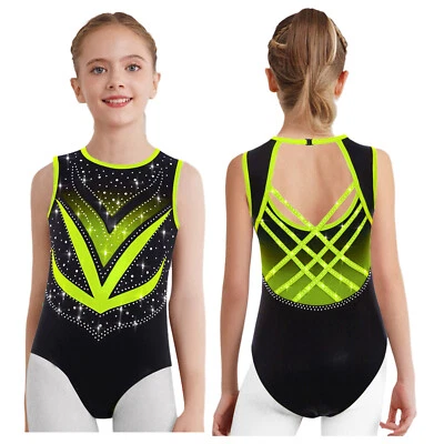 Kids Girls Bodysuit Performance Rompers Ballroom Leotard Latin Unitard Shiny - Image 1 of 3
