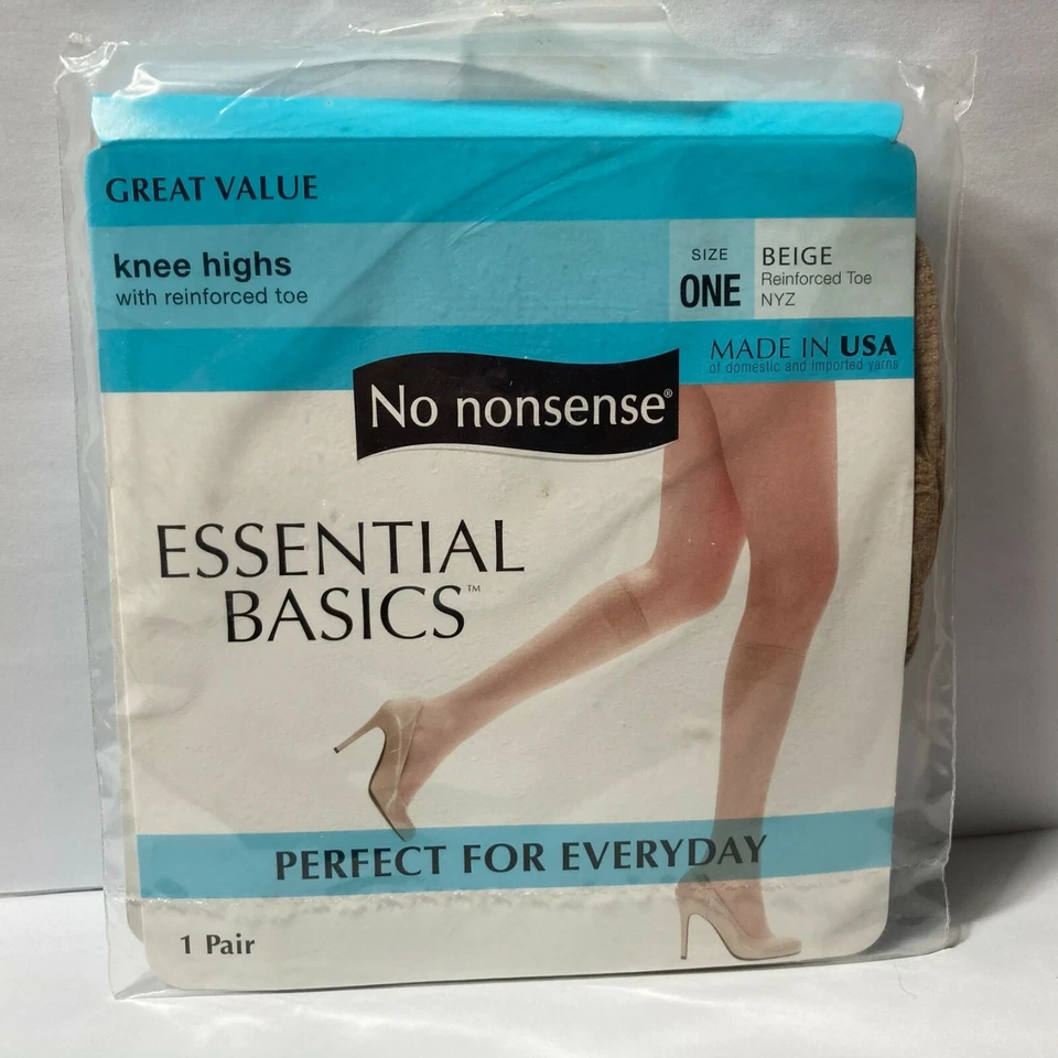 3 Pairs No Nonsense Essential Basics Knee Highs Reinforced Toe Beige Sz. One