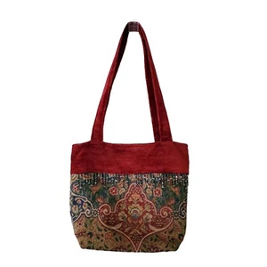 Borsa a tracolla media vintage in tessuto arazzo floreale velluto rosso con perline - Foto 1 di 9