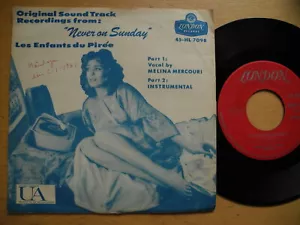 MELINA MERCOURI Never On Sunday - Les Enfants du Pirée 45 7 sing 1960 Denmark EX - Foto 1 di 2