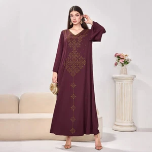Abito lungo donna musulmano scollo a V Abaya Dubai caftano modesto abito islamico abito arabo - Foto 1 di 12
