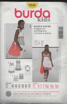 BURDA KIDS Pattern 9542 Dress & Handbag Size 10-11-12; 13-15 Junior NEW - Image 1 of 2