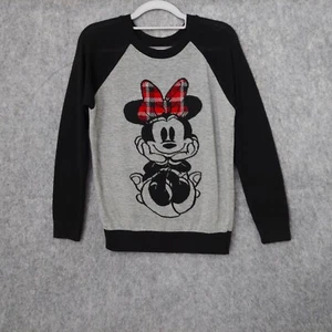 Disney Girls Sweater L Gray Minnie Mouse Holiday Color Block Pullover Knit Plaid - Picture 1 of 10