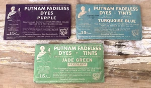 Vintage Putnam Fadeless Dyes 3 packages purple turquoise blue Nile green 1920's - Picture 1 of 6