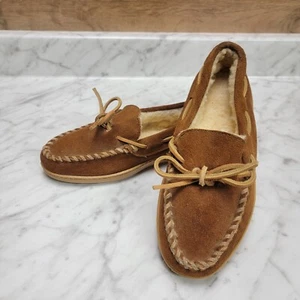Women's 6 M Minnetonka Moccasins Brown Suede Shoes Loafer Faux Fur Lined Slip-On - Picture 1 of 11