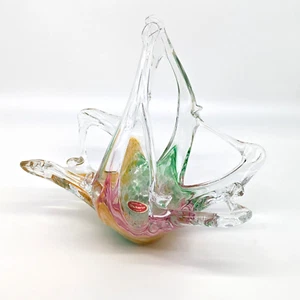 Murano Art Glass Candy Dish Basket Pink, Green, Yellow 8" Tall with Sticker - Picture 1 of 12