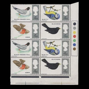 Great Britain 1966 (Variety) 4d British Birds ordinary block missing reddish bro - Picture 1 of 1