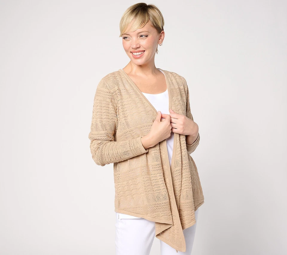 Joan Rivers Open-Front Crochet Sweater Cardigan Khaki Large A640657 - Image 1 of 1