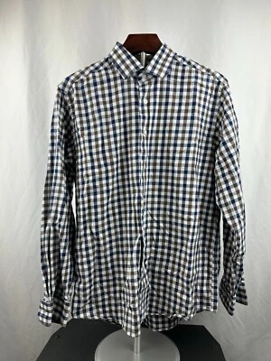 Linea Uomo Men’s Blue/Brown Checkered Button Down Shirt Stretch Fit Size Large - Image 1 of 4