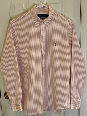 Camisa Ralph Lauren Para Hombre Mediana Calce Ajustado Elastizada Oxford Carne Poni Rosa Rayas Foto 1 de 4