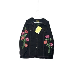 Bob Mackie tragbare Kunst Knopfleiste schwarze Jeansjacke bestickt Blumen 1X gebraucht, in einwandfreiem Zustand - Bild 1 von 9