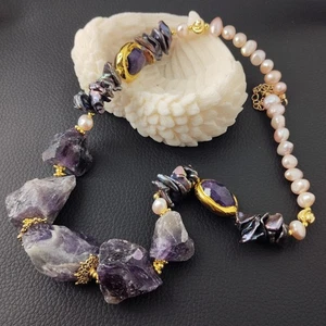 Natural Gemstone Amethyst Rough Pink Pearl Necklace Bohemian Handmade Jewelry - Picture 1 of 7