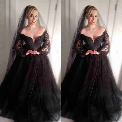Black Beach Wedding Dresses Long Sleeves A Line Off Shoulder V Neck Bridal Gowns - Image 1 of 4