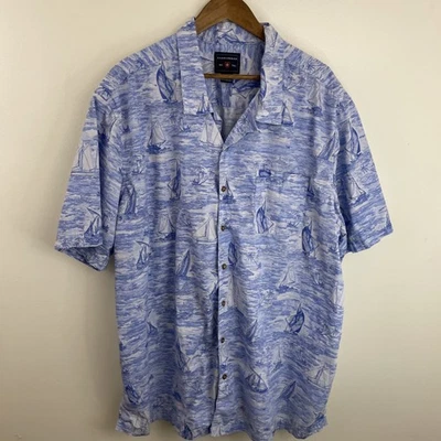 Saddlebred Shirt Mens 3XLT Tall XXXL Blue Sailboat Short SLV Button Loop Collar - Image 1 of 4