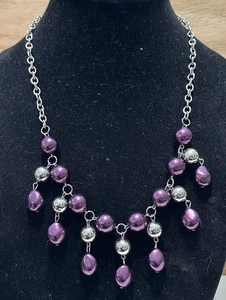 Silver Tone Purple Ball Beaded Dangle Necklace Statement 19-22” - Picture 1 of 5