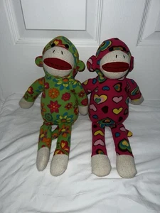 2 Dan Dee Calzino Scimmia Peluche Verde Fiori Rosa Cuori Peluche Hippie - Foto 1 di 6