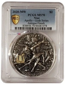 2020 2 Oz Silver $2 Niue Gods APOLLO GOD OF THE SUN PCGS MS70 Gold Shield Coin. - Picture 1 of 13