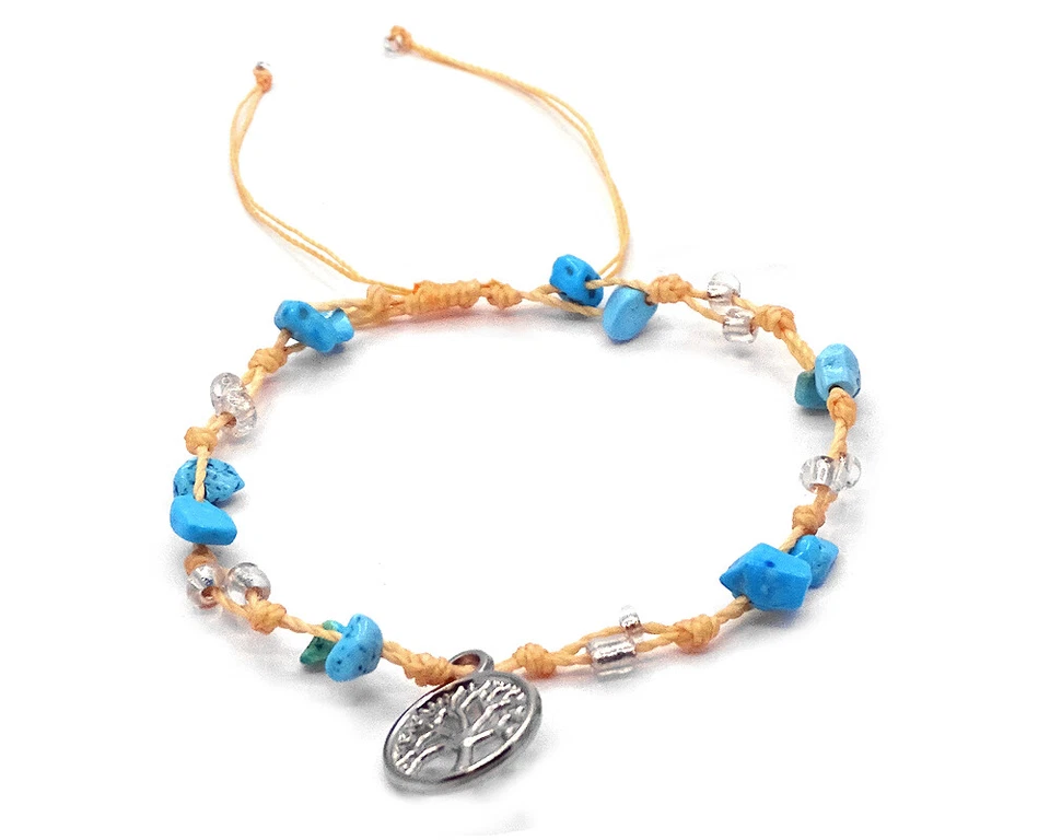 Tree of Life Chip Stone Pull Tie String Anklet New Age Fashion Handmade Jewelry - Image 1 of 1