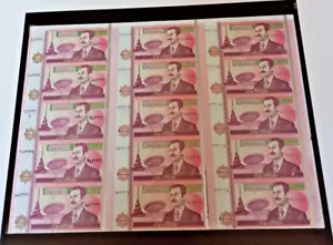 1986-2002 IRAQ 10,000 DINARS SADDAM ERA UNCUT SHEET OF 15 WITH SILVER FOIL - Picture 1 of 7