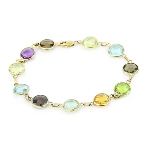 14K Yellow Gold Round Shape Fancy Cut Gemstones Bracelet 8 Inches - Picture 1 of 3