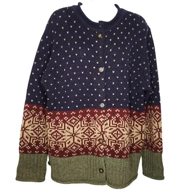 Шерстяной кардиган свитер L птицы глаз Fair Isle снежинки темно-синий бордовый красный - Изображение 1 из 4