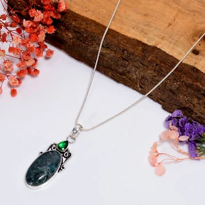 Moss Agate Diopside Gemstone 925 Sterling Silver Pendant Necklace 20" r539 - Picture 1 of 5