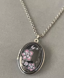 Ciondolo con ciondolo floreale Art Nouveau Smalto 1980 + catena sterlina - Foto 1 di 7